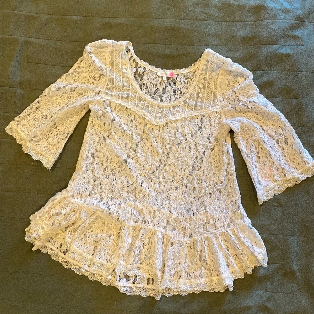 MiIn‎ Cream White Sheer Floral Lace Peplum Top 3/4 Bell Sleeve S Boho Romantic